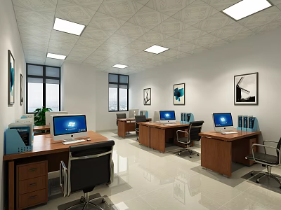 Modern Public Office Interior With Wooden Desks Computers Windows And Decorative Paintings 3d model