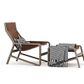 Modern Lounge Chair With Wooden Frame Brown Cushion And Ottoman With Checkered Blanket