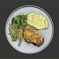 Delicious Roasted Chicken with Mashed Potatoes Green Beans and Fresh Greens on a Blue Plate