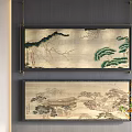 Traditional Chinese Landscape Paintings Hanging On Wall With Mountain Pine And Pavilion