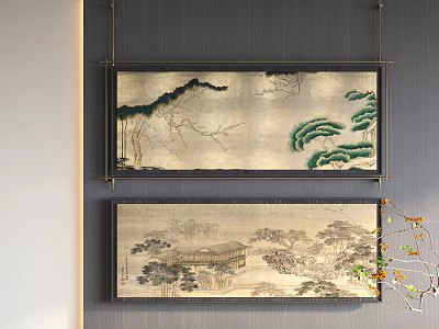 Traditional Chinese Landscape Paintings Hanging On Wall With Mountain Pine And Pavilion 3d model