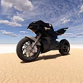Black Sleek Modern Motorcycle on Sandy Desert Landscape with Blue Sky and White Clouds