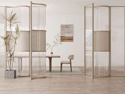 Modern Room Divider With Woven Panels In Minimalist Interior With Plants And Furniture 3d model