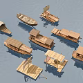 Various Traditional Wooden Boats With Unique Designs Floating On Calm Water