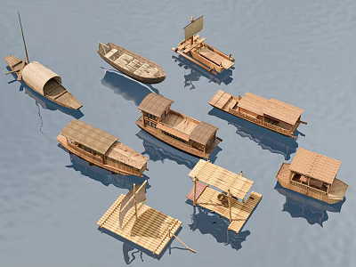 Various Traditional Wooden Boats With Unique Designs Floating On Calm Water 3d model