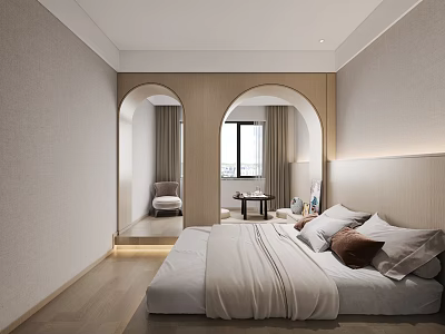 Cozy Modern Hotel Guest Room With Arched Doorways Wooden Floor Bed Pillows Window And Chair 3d model