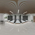 Spacious Room With Five Beds Blue Headboards White Floor Wooden Slat Ceiling Lights Gray Curtains