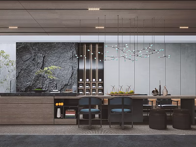 Modern Restaurant Interior With Dark Stone Wall Hanging Lights Bar Counter Blue Chairs And Green Plants 3d model