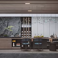 Modern Restaurant Interior With Dark Stone Wall Hanging Lights Bar Counter Blue Chairs And Green Plants