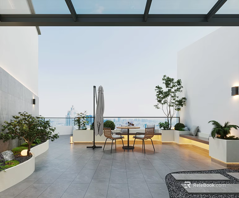 Scenic Roof Garden With City View Gray Tiled Flooring White Walls Outdoor Seating And Lighting 3d model 