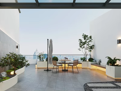Scenic Roof Garden With City View Gray Tiled Flooring White Walls Outdoor Seating And Lighting 3d model