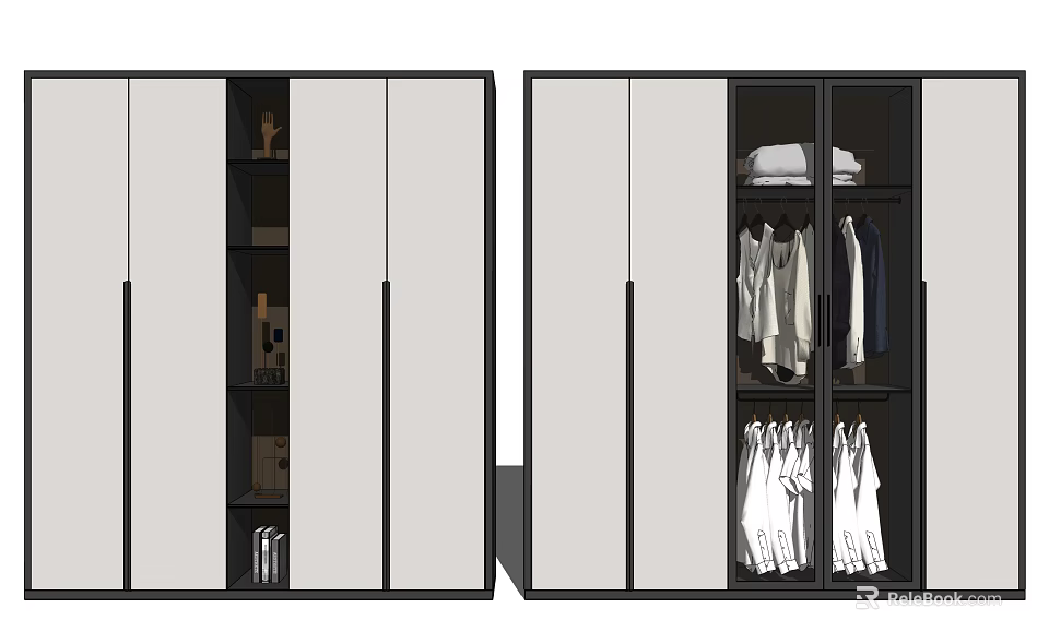 Modern Wardrobe With Sliding Doors Black Frame Interior Hanging Shelves Folded Clothes And Shirts 3d model 
