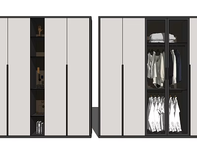 Modern Wardrobe With Sliding Doors Black Frame Interior Hanging Shelves Folded Clothes And Shirts 3d model