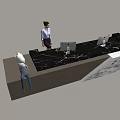 Modern Front Desk Reception With Marble Countertop Wooden Elements Computer Monitors Receptionist And Visitor 3d model