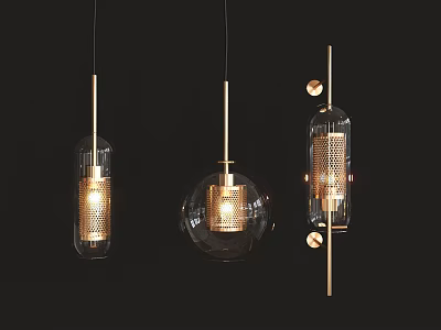 Modern Lighting Combination With Transparent Glass And Gold Pendant Lights 3d model