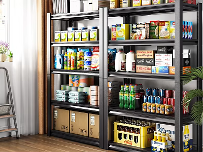 Storage Shelves Filled With Household Supplies Canned Goods Beverages And Cartons 3d model