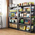 Storage Shelves Filled With Household Supplies Canned Goods Beverages And Cartons