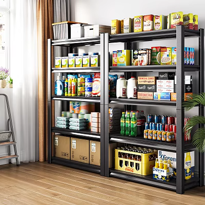 Storage Shelves Filled With Household Supplies Canned Goods Beverages And Cartons 3d model