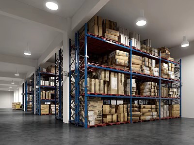 Organized Industrial Warehouse Storage With Metal Shelves Filled With Cardboard Boxes 3d model