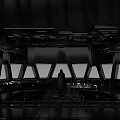 Sci-Fi Control Room With Black Cloaked Figure Dark Interior Large Windows and Industrial Ceiling Pipes