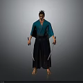 Character In Blue Kimono Holding Two Swords With Spiky Hair Standing