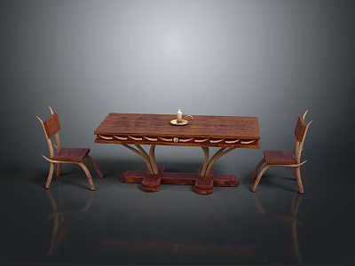 Wooden Dining Table and Chairs Set with Carved Details Unique Curved Base and Candle Holder 3d model