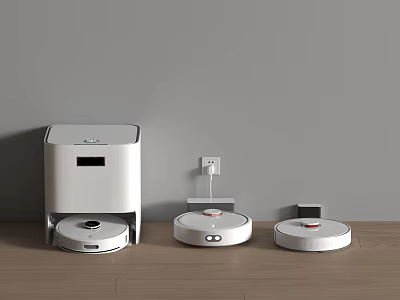 Three White Smart Robotic Vacuums With Charging Dock On Wooden Floor Against Gray Wall 3d model