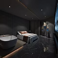 Modern SPA Sauna Interior Featuring Comfortable Lounge Chair Round Mirror And Dark Marble Floor