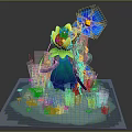 Flower Fairy Character Wearing Green Dress Holding Blue Yellow Flowers Standing On Grass Wetland