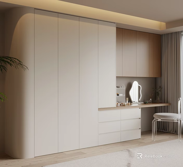 Modern Light Beige Wardrobe With Dressing Table Mirror And Drawers In Bedroom 3d model 