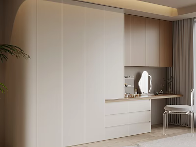 Modern Light Beige Wardrobe With Dressing Table Mirror And Drawers In Bedroom 3d model