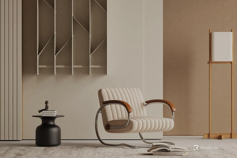 Stylish Beige Striped Leisure Chair With Wooden Armrests Metal Frame And Side Table Floor Lamp 3d model 