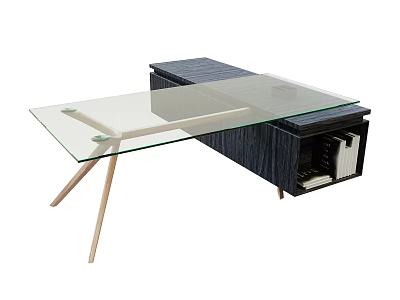 Modern Office Desk With Glass Top Wooden Frame And Metal Legs 3d model