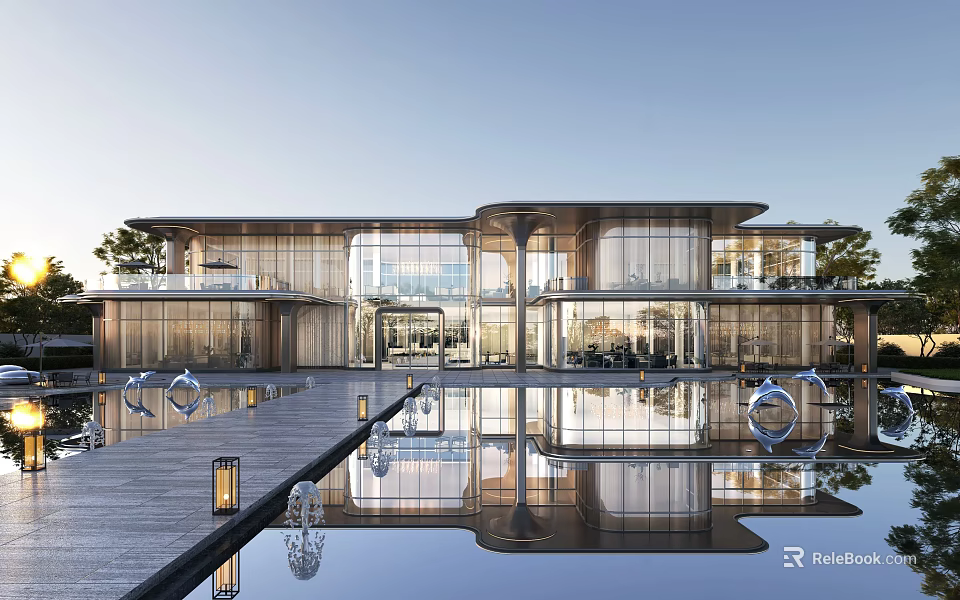 Elegant Modern Sales Office Building Featuring Glass Curtain Wall Water Pool And Reflection 3d model 
