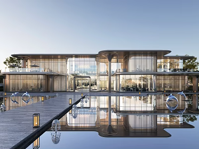 Elegant Modern Sales Office Building Featuring Glass Curtain Wall Water Pool And Reflection 3d model