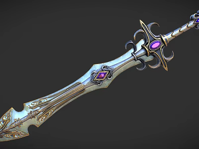 Ornate Decorative Sword With Intricate Design Purple Gemstones Gold Silver Accents 3d model