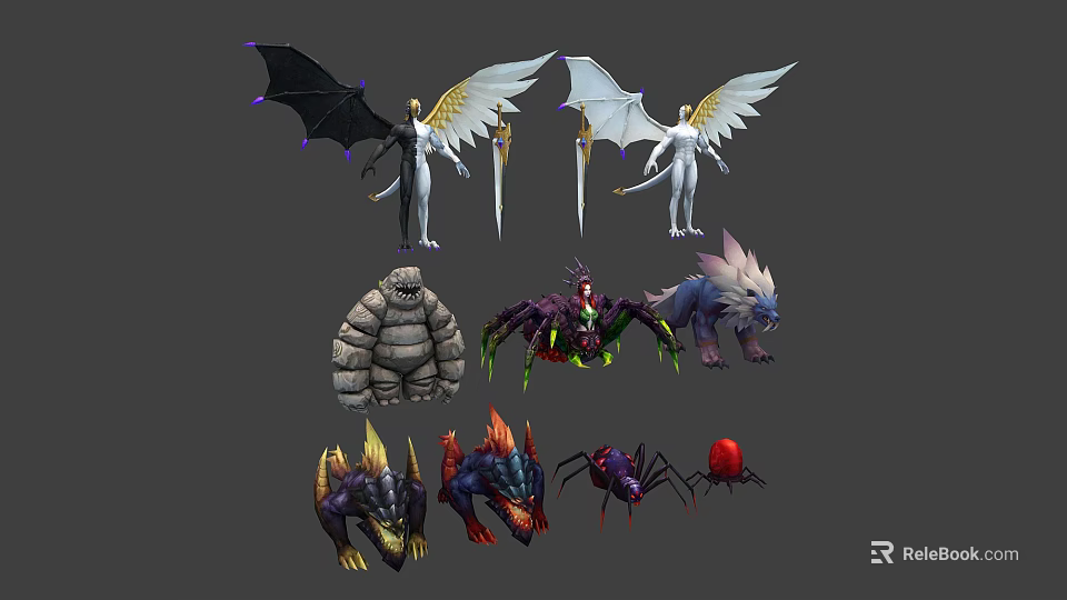 Mythical Winged Characters With Black And White Wings And Diverse Creatures Including Stone Golem Spiders 3d model 