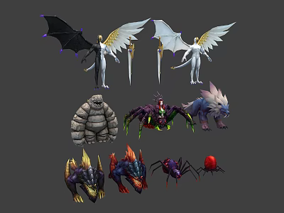 Mythical Winged Characters With Black And White Wings And Diverse Creatures Including Stone Golem Spiders 3d model