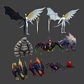 Mythical Winged Characters With Black And White Wings And Diverse Creatures Including Stone Golem Spiders