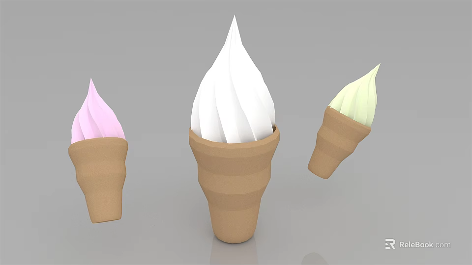 Colorful Ice Cream Cones With Pink White And Light Green Scoops 3d model 