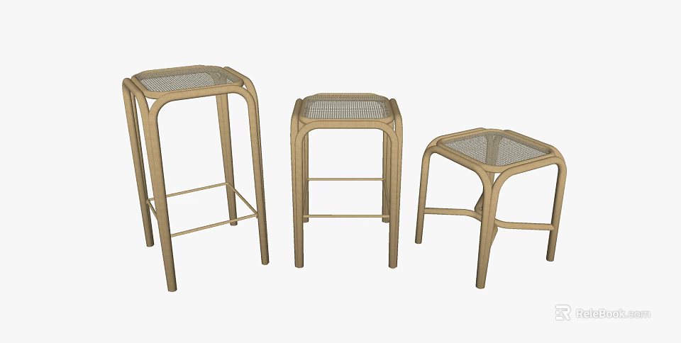 Modern Wooden Stools With Woven Seats In Various Heights For Home Decor 3d model 