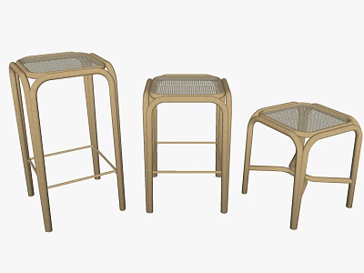 Modern Wooden Stools With Woven Seats In Various Heights For Home Decor 3d model