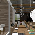 Modern Café Interior Design With Wooden Ceiling Hanging Lights And Open Layout