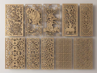 Decorative Wooden Partition With Various Intricate Carved Patterns For Home Interior 3d model
