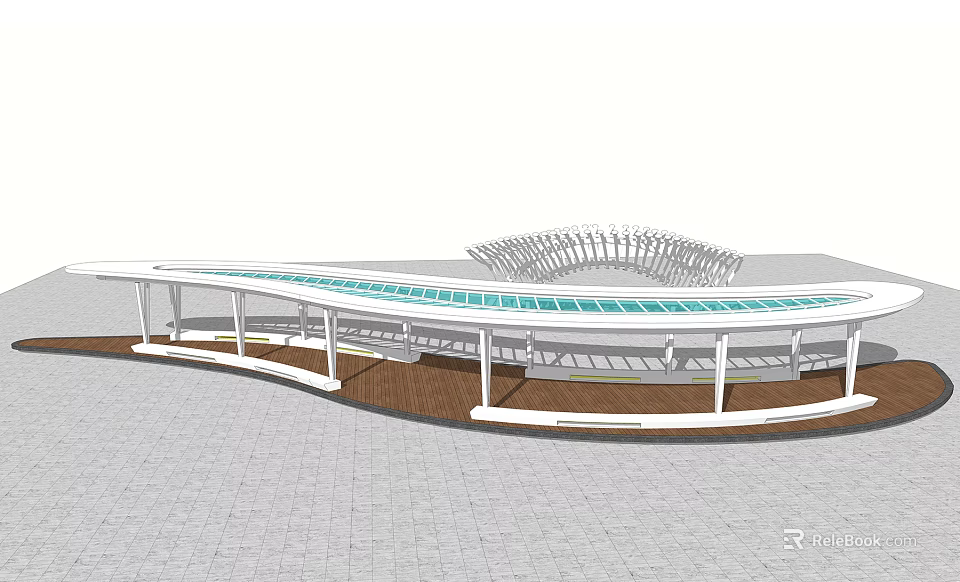 Modern Pergola Design With White Frame And Glass Canopy On Stone Pavement 3d model 