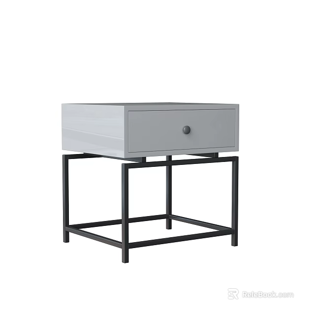 Modern Bedside Table With Single Drawer Round Knob White Top And Black Metal Frame 3d model 