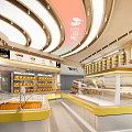 Elegant Modern Bright Dessert Shop With Yellow Orange Counter Display Shelves And Sign