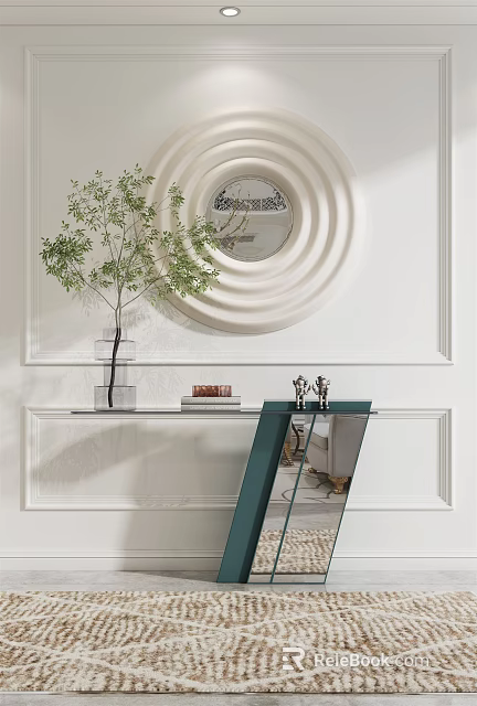 Modern Console Table Decor with Green Plant Round Mirror and White Wall Molding 3d model