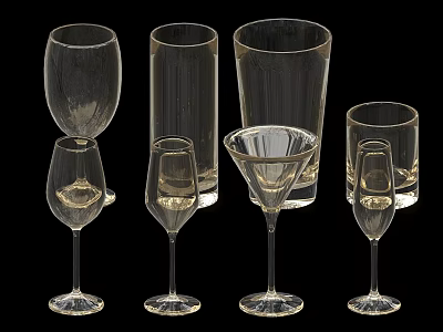 Elegant Collection of Clear Glass Wine Bottles and Various Wine Glasses Including Goblets and Flutes 3d model