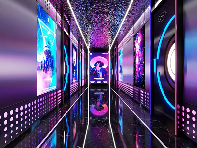 KTV Corridor Interior With Neon Lights Screens Mirrored Floors And Illuminated Decorations 3d model